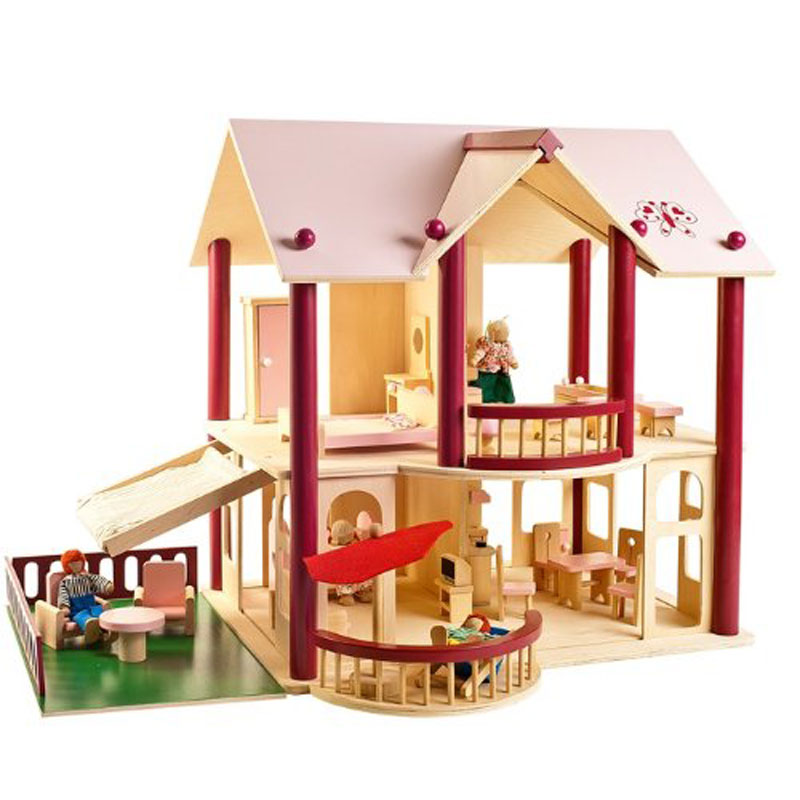 Leomark Wooden Doll's House with Terrace and furniture set